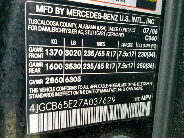 4JGCB65E27A037629 - 2007 MERCEDES-BENZ R 350 BLACK photo 10