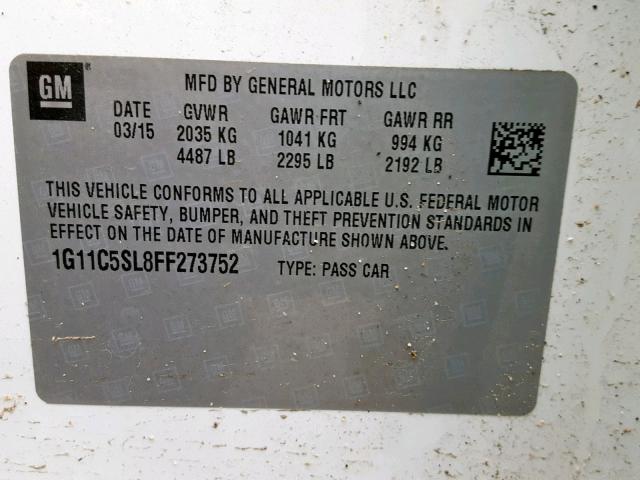 1G11C5SL8FF273752 - 2015 CHEVROLET MALIBU 1LT თეთრი ფოტო 10