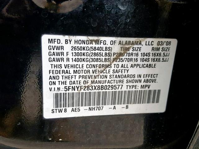 5FNYF283X8B029577 - 2008 HONDA PILOT SE GRAY photo 10