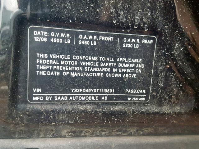 YS3FD49Y071110591 - 2007 SAAB 9-3 2.0T BLACK photo 10