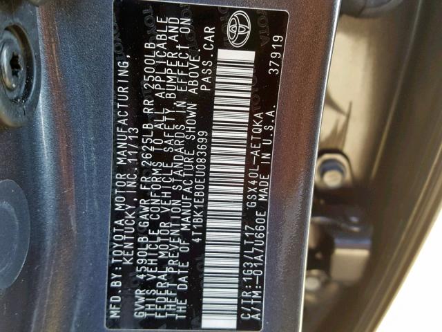 4T1BK1EB0EU083699 - 2014 TOYOTA AVALON BAS Szary zdjęcie 10