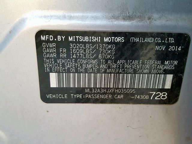 ML32A3HJXFH035095 - 2015 MITSUBISHI MIRAGE DE SILVER photo 10