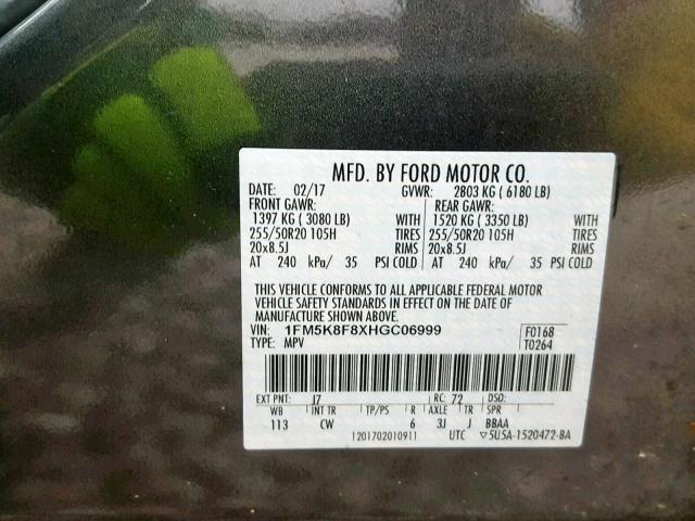 1FM5K8F8XHGC06999 - 2017 FORD EXPLORER L SILVER photo 10