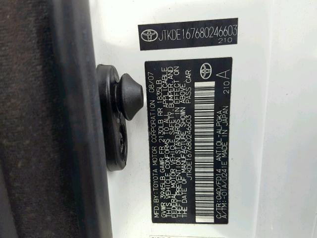 JTKDE167680246603 - 2008 TOYOTA SCION TC თეთრი ფოტო 10