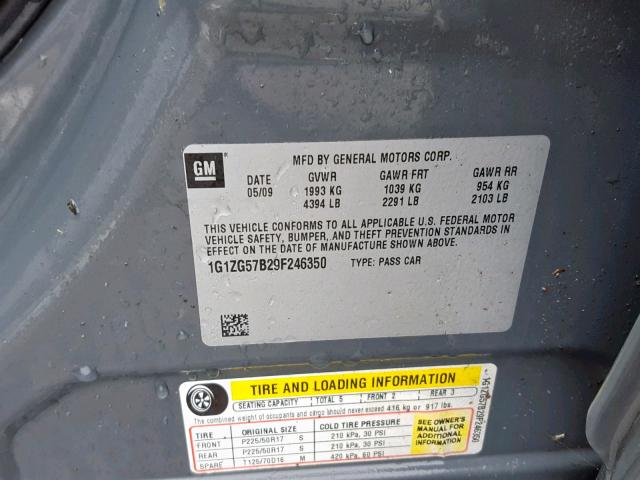 1G1ZG57B29F246350 - 2009 CHEVROLET MALIBU LS ნაცრისფერი ფოტო 10