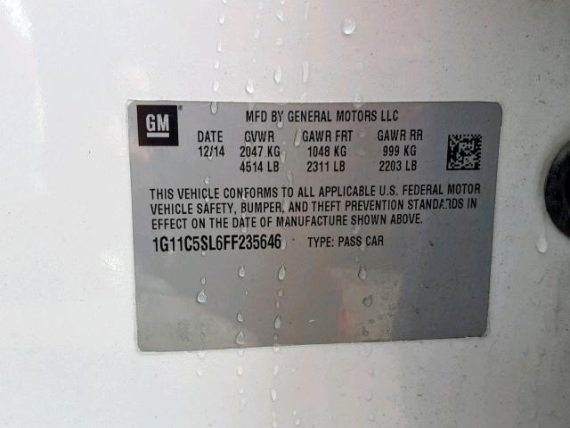 1G11C5SL6FF235646 - 2015 CHEVROLET MALIBU 1LT WHITE photo 10