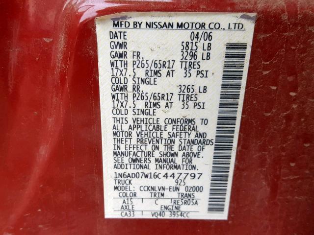 1N6AD07W16C447797 - 2006 NISSAN FRONTIER C RED photo 10