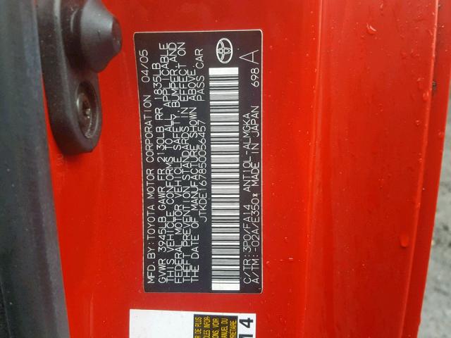 JTKDE167850056457 - 2005 TOYOTA SCION TC წითელი ფოტო 10