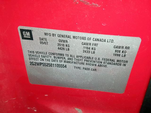 2G2WP552581105554 - 2008 PONTIAC GRAND PRIX BURGUNDY photo 10