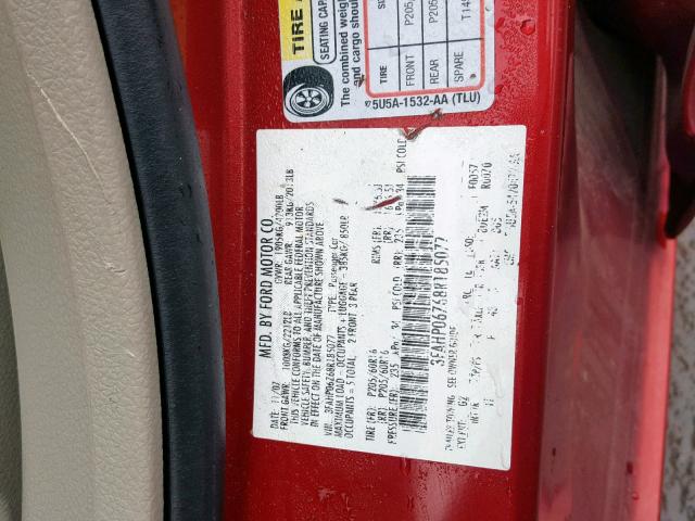 3FAHP06Z68R185077 - 2008 FORD FUSION S RED photo 10