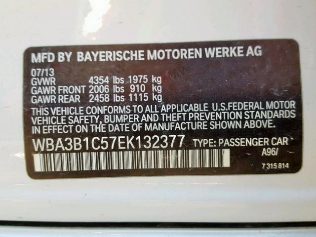 WBA3B1C57EK132377 - 2014 BMW 320 I WHITE photo 10