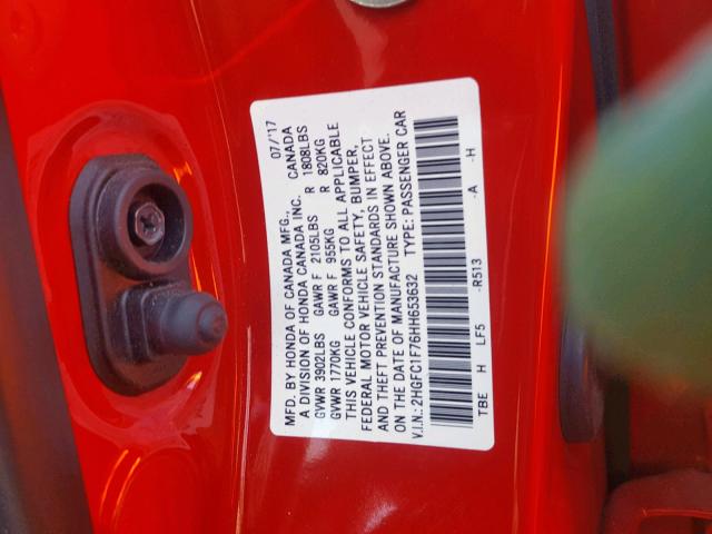 2HGFC1F76HH653632 - 2017 HONDA CIVIC EXL RED photo 10