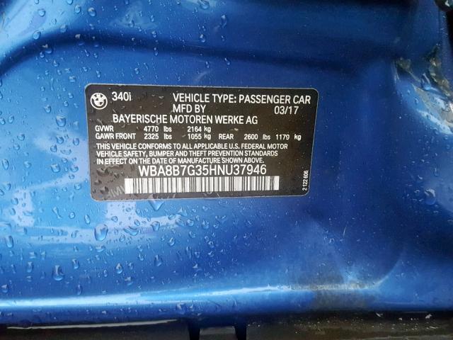 WBA8B7G35HNU37946 - 2017 BMW 340 XI BLUE photo 10