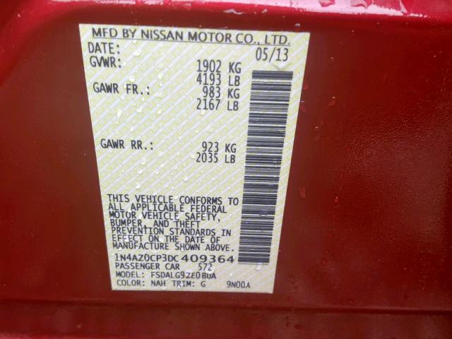 1N4AZ0CP3DC409364 - 2013 NISSAN LEAF S RED photo 10