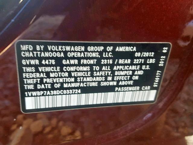 1VWBP7A38DC033724 - 2013 VOLKSWAGEN PASSAT SE MAROON photo 10