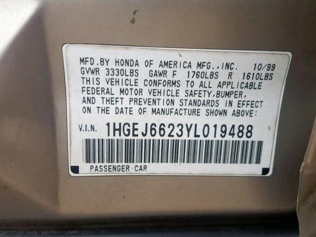 1HGEJ6623YL019488 - 2000 HONDA CIVIC DX GOLD photo 10