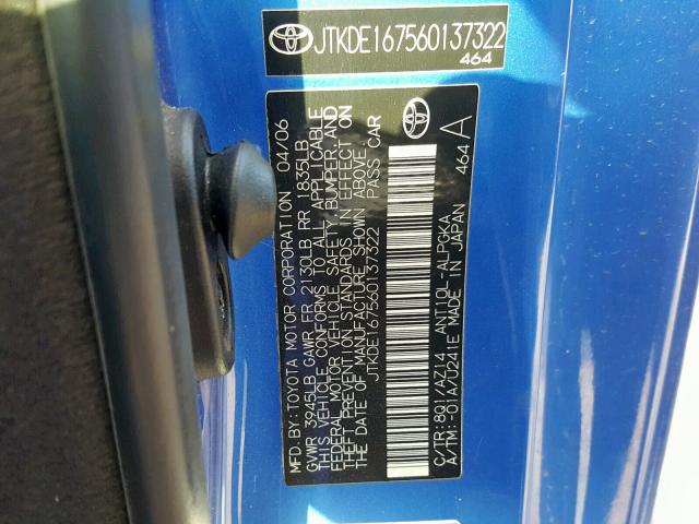 JTKDE167560137322 - 2006 TOYOTA SCION TC ლურჯი ფოტო 10