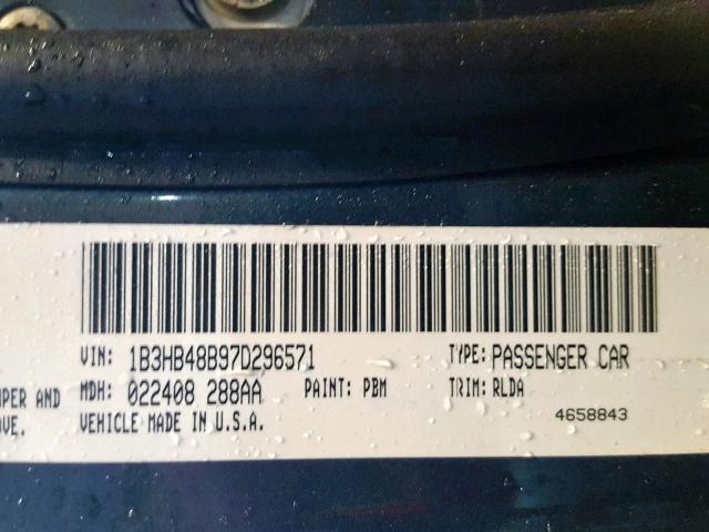 1B3HB48B97D296571 - 2007 DODGE CALIBER SX CHARCOAL photo 10