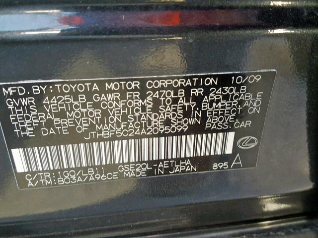 JTHBF5C24A2095099 - 2010 LEXUS IS 250 GRAY photo 10