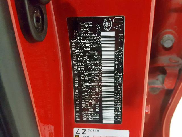 2T1KR30EX7C663202 - 2007 TOYOTA COROLLA MA RED photo 10