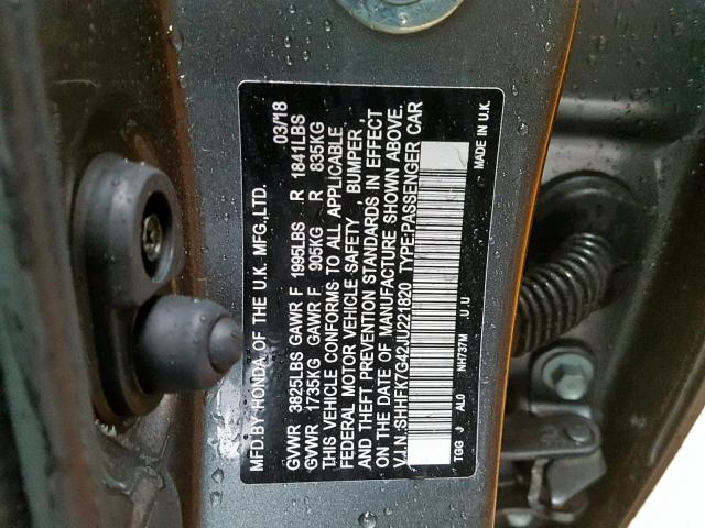 SHHFK7G42JU221820 - 2018 HONDA CIVIC SPOR GRAY photo 10