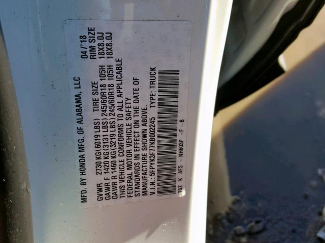 5FPYK3F77KB002245 - 2019 HONDA RIDGELINE WHITE photo 10