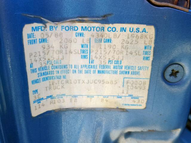 1FTCR10TXJUC95685 - 1988 FORD RANGER BLUE photo 10