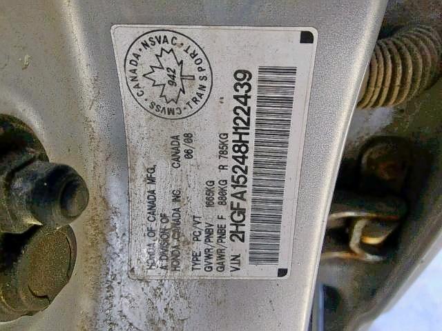 2HGFA15248H122439 - 2008 HONDA CIVIC DX SILVER photo 9