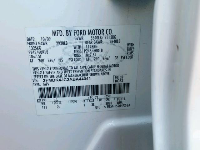 2FMDK4JC2ABA44041 - 2010 FORD EDGE SEL WHITE photo 10