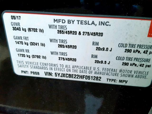 5YJXCBE22HF051282 - 2017 TESLA MODEL X BLACK photo 10