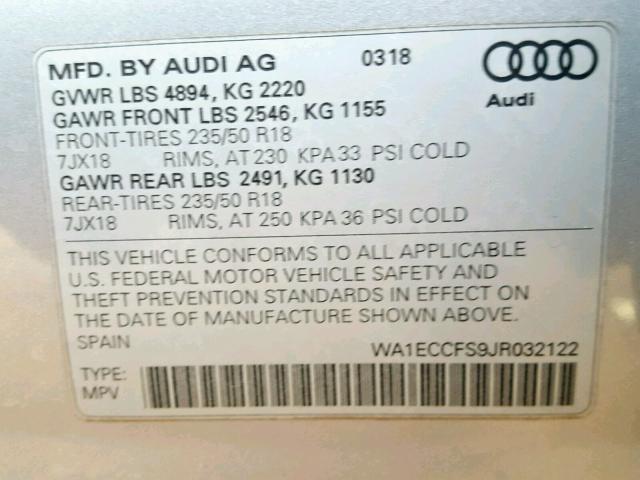 WA1ECCFS9JR032122 - 2018 AUDI Q3 PREMIUM SILVER photo 10