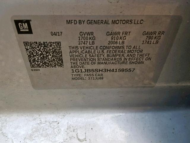 1G1JB5SH3H4159557 - 2017 CHEVROLET SONIC LS 银色 照片 10