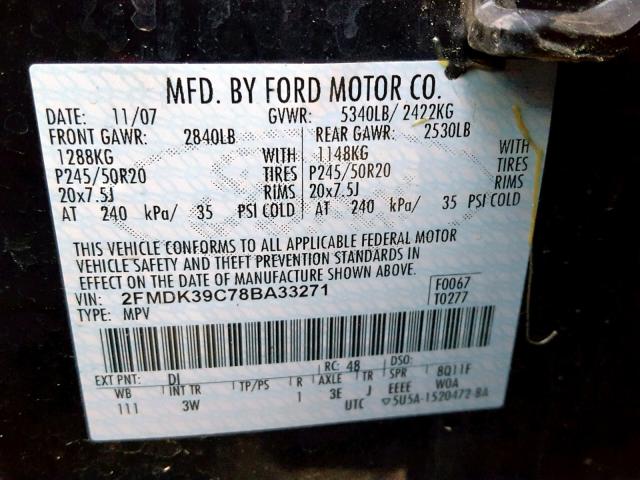 2FMDK39C78BA33271 - 2008 FORD EDGE LIMIT BLUE photo 10