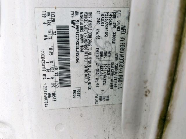 5LMFU27R03LJ42066 - 2003 LINCOLN NAVIGATOR Ақ фото 10