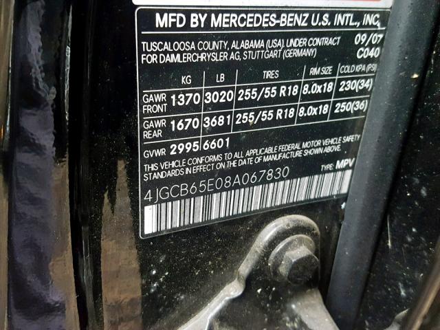 4JGCB65E08A067830 - 2008 MERCEDES-BENZ R 350 BLACK photo 10