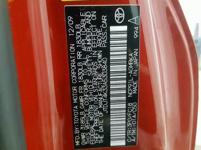 JTDJT4K33A5303840 - 2010 TOYOTA YARIS RED photo 10