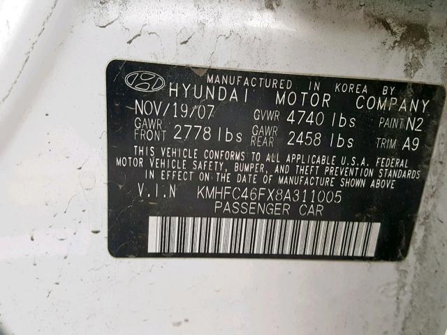 KMHFC46FX8A311005 - 2008 HYUNDAI AZERA SE WHITE photo 10