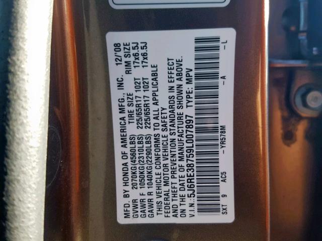 5J6RE38759L007897 - 2009 HONDA CR-V EXL TAN photo 10