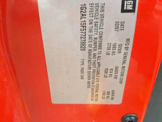 1G2AL15F577278820 - 2007 PONTIAC G5 RED photo 10