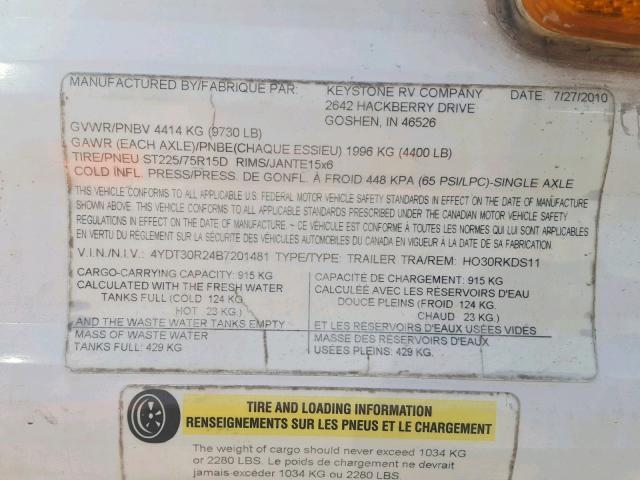 4YDT30R24B7201481 - 2011 KYST TV WHITE photo 10