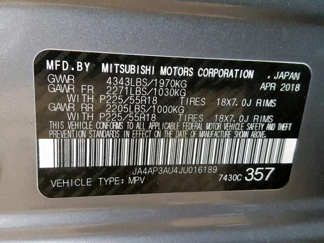 JA4AP3AU4JU016189 - 2018 MITSUBISHI OUTLANDER GRAY photo 10