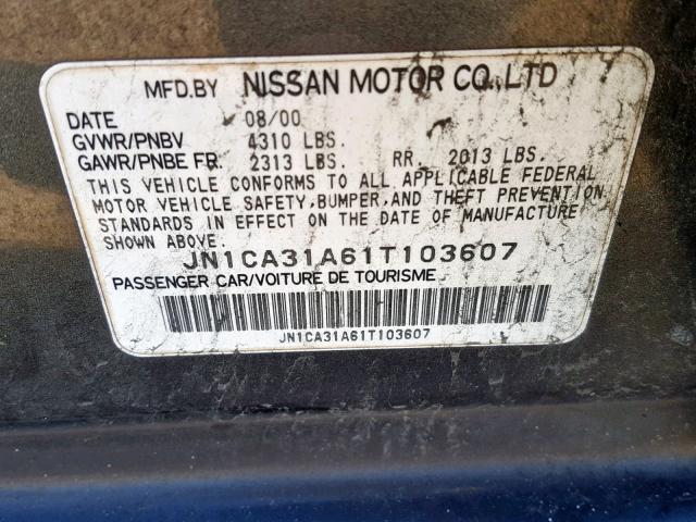 JN1CA31A61T103607 - 2001 NISSAN MAXIMA GXE GRAY photo 10