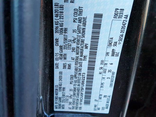 1FMCU0F75FUB62273 - 2015 FORD ESCAPE S GRAY photo 10