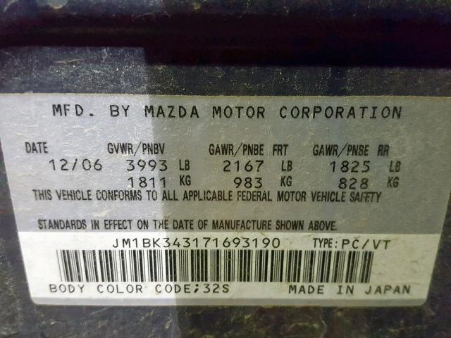 JM1BK343171693190 - 2007 MAZDA 3 HATCHBAC GRAY photo 10