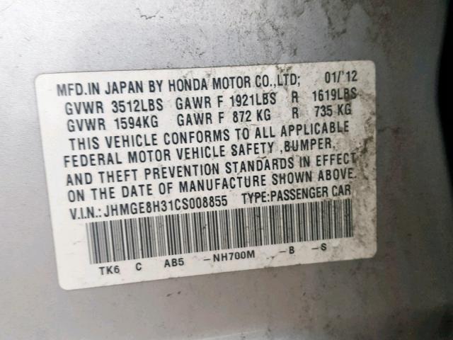 JHMGE8H31CS008855 - 2012 HONDA FIT SILVER photo 10