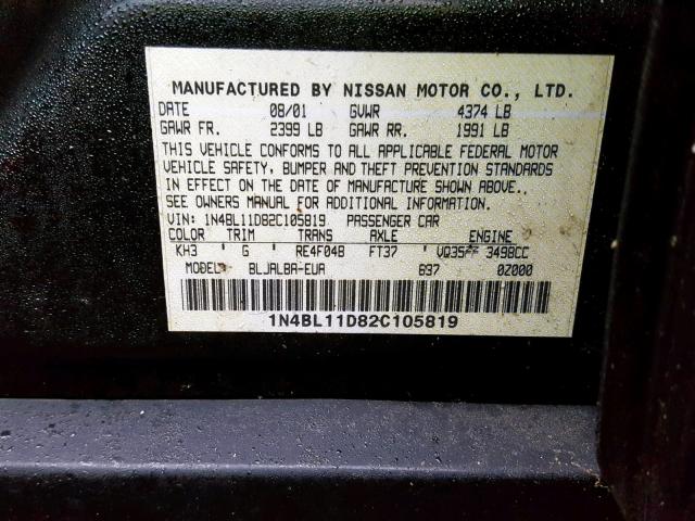 1N4BL11D82C105819 - 2002 NISSAN ALTIMA SE BLACK photo 10