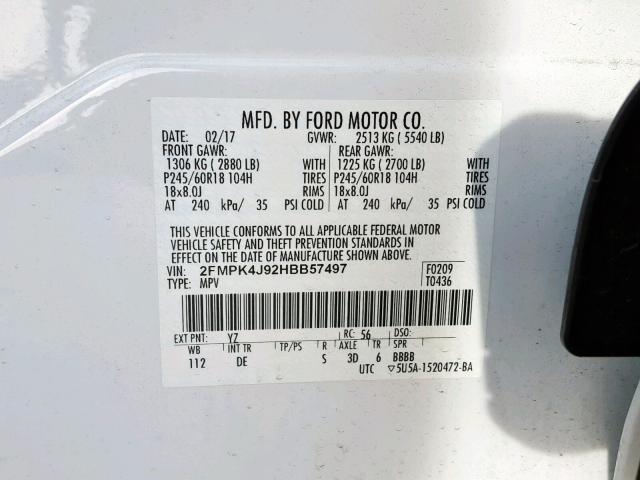 2FMPK4J92HBB57497 - 2017 FORD EDGE SEL WHITE photo 10