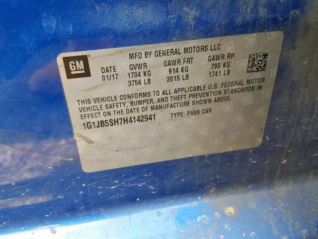 1G1JB5SH7H4142941 - 2017 CHEVROLET SONIC LS BLUE photo 10
