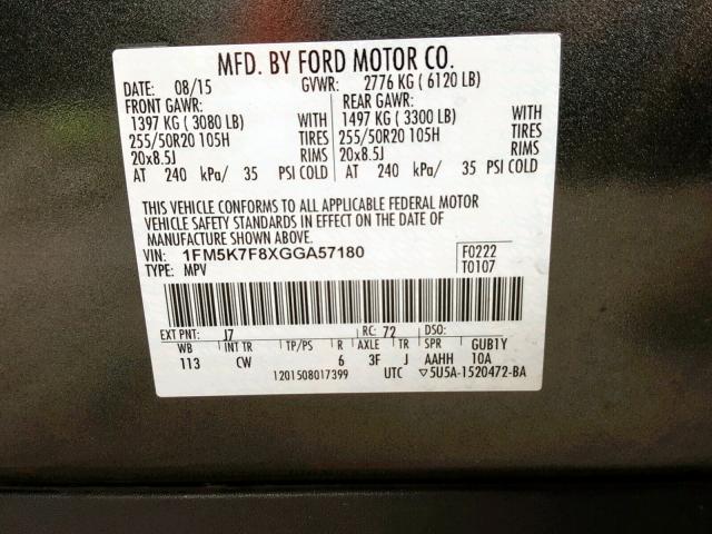 1FM5K7F8XGGA57180 - 2016 FORD EXPLORER L GRAY photo 10