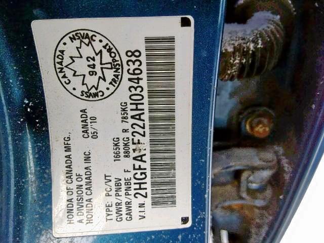 2HGFA1F22AH034638 - 2010 HONDA CIVIC DX BLUE photo 9